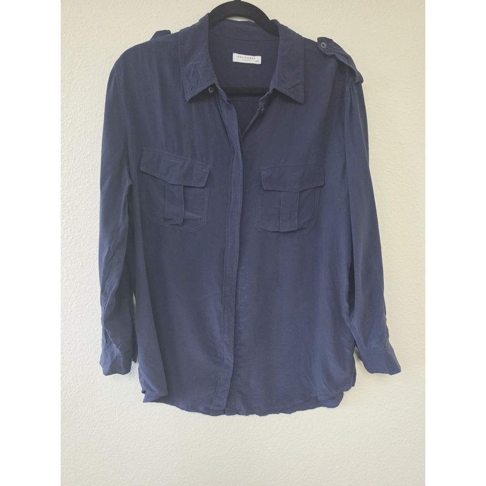 Equipment Femme Silk Blouse M Dark Blue Collared Long Sleeve Solid Top Shirt